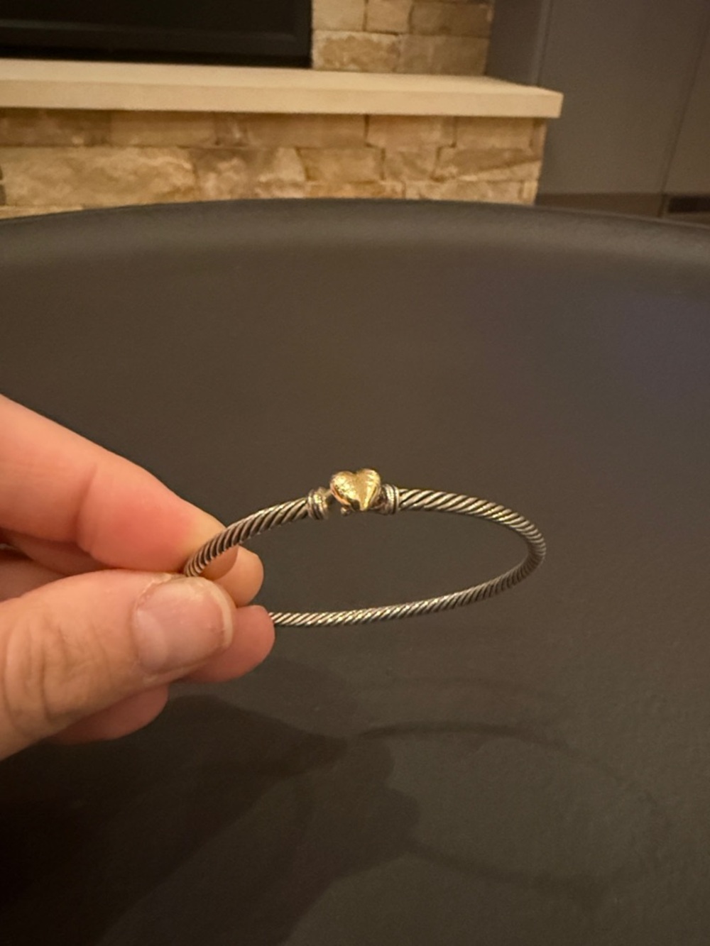 David Yurman Silver-Tone Twisted Cable Bracelet with Gold Heart